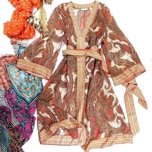 🔴 New York Company Sheer Brown Tan Orange Belted Dress Sz XL